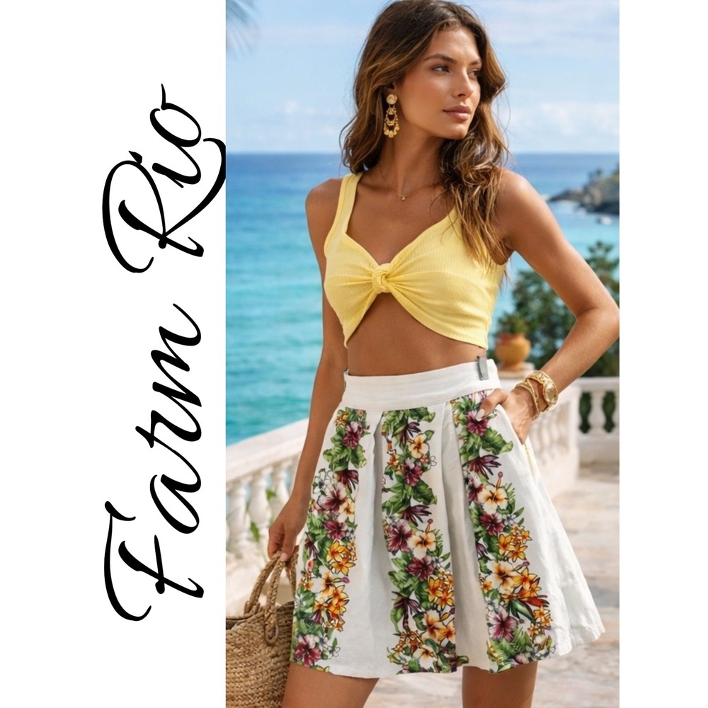 Farm Rio Tropical Floral Linen Mini Skirt Pleated Resort Vacation Size 4P‎